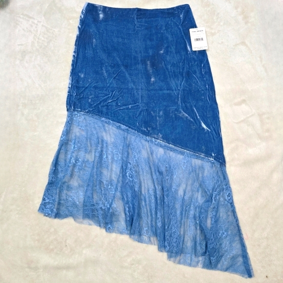 Free People Blue Velvet Skirt – Sheer Lace Hem & Asymmetrical Cut | 2 & 4 | NWT - Picture 3 of 16
